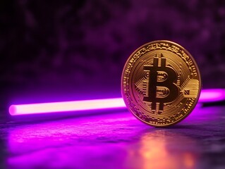 A Bitcoin coin, radiant in gold and lit by neon, embodying the essence of digital currency