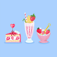 Set of glass of strawberry milkshake, cake and bowl with cereal for breakfast. Collection of cartoon food with strawberry. Vector illustration on a blue background.