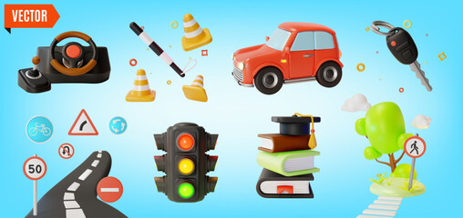 3d Driving School Concept Elements Set Cartoon Design Style. Vector illustration of Car, Police Stick, Key and Steering Wheel