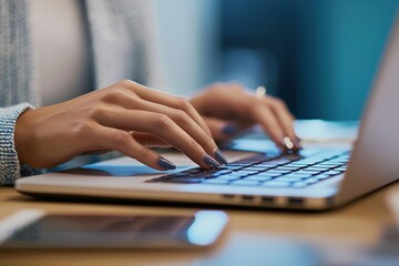 Businesswoman typing on laptop keyboard in modern office