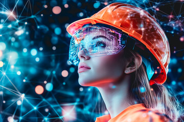 Hi-tech and digital technology in construction industry. Woman wearing hard hat and protective glasses against abstract virtual background.