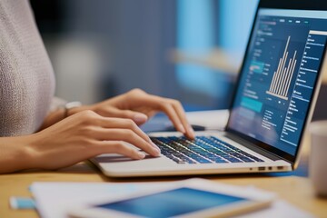 Businesswoman working with laptop showing statistics in modern office