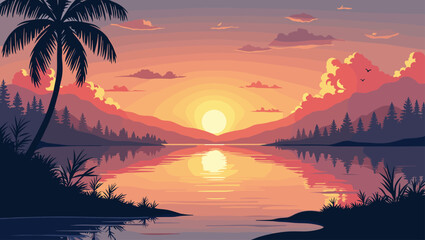 Serene Sunset Over Tranquil Lake with Reflections