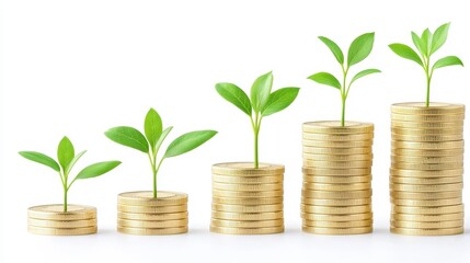 Seedling Sprouts on Stacks of Coins Representing Financial Growth and Investment Success