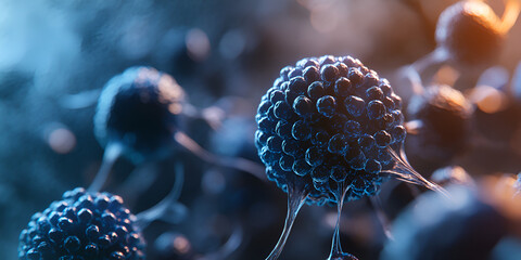 Microscopic View of Cancer Cells in Blue and Orange Colors | Close-up of Cancerous Cells Under Microscope in Scientific Art | Scientific Illustration of Cancer Cells in Blue and Orange


