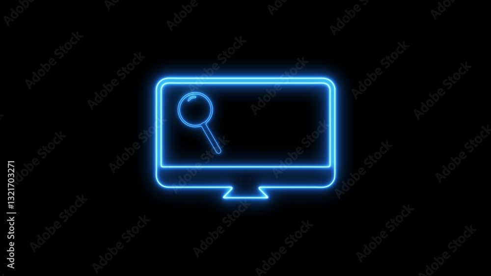 Poster neon animated illustration of magnifying searching computer