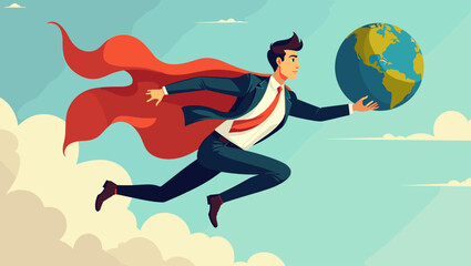 Superhero businessman flying and holding the Earth, symbolizing global leadership and responsibility