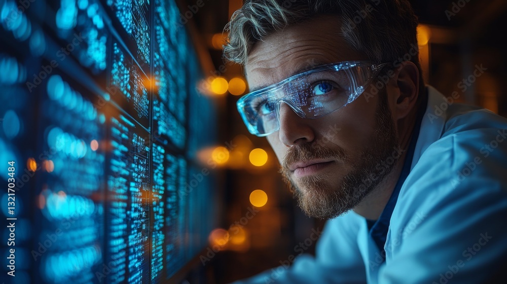 Poster In a cutting-edge laboratory, a researcher examines quantum data displayed on a screen, focusing on aspects of superposition and decoherence phenomena.