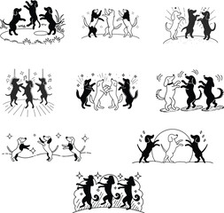 A vector silhouette black and white dog dancing and playing 