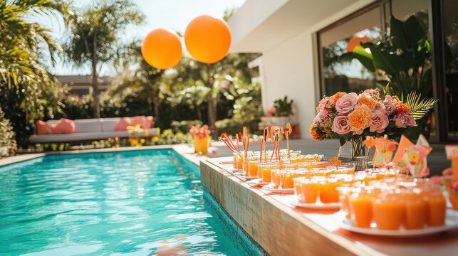 Bright Orange Themed Poolside Summer Party with Floral Decorations