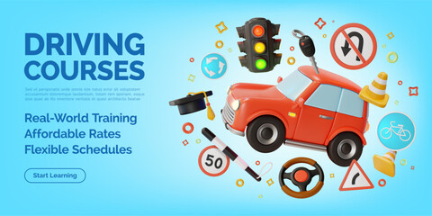 3d Driving Courses Traffic Rules Concept Ads Banner Promotion Poster Card. Vector illustration of Practice and Education