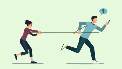 Woman Pulling Reluctant Man Forward with Rope, Encouraging Him to Take Action