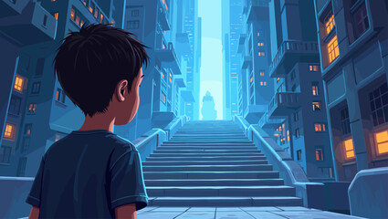 Young Boy Gazing at Stairs Leading to a Futuristic Digital World