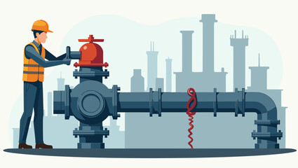 Worker Turning Off Valve on Industrial Gas Pipeline for Safety