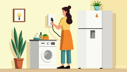 Woman Unplugging Appliances to Save Energy in Eco-Friendly Home