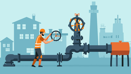 Worker Turning Off Valve on Industrial Gas Pipeline for Safety