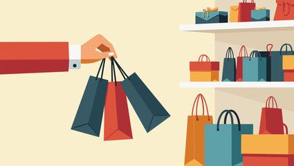 Woman's Hand Rejecting Shopping Bags with Sale Products in Retail Store