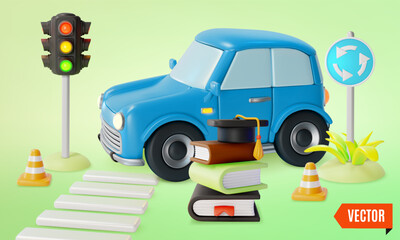 3d Driving Academy Traffic Rules Education Concept Background Cartoon Design Style. Vector illustration of Automobile, Stoplight and Books