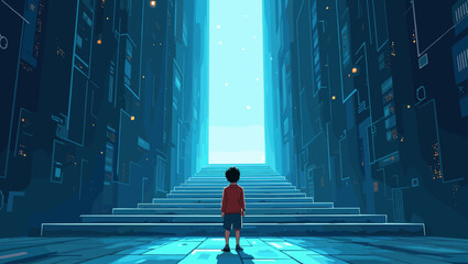 Young Boy Gazing at Stairs Leading to a Futuristic Digital World