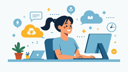 Young Professional Woman Working Remotely with Cloud Computing Technology