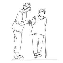 One continuous single drawing line art flat doodle person, nurse, care, support, doctor, walking, woman. Isolated image hand draw contour on a white background, hand drawn, not AI