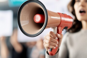 women’s day social justice Person using a megaphone to speak out in a crowd.