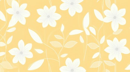 Soft Yellow Floral Pattern with Delicate White Flowers and Leaves