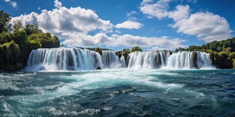 Obraz premium Water flows down cliffs amid vibrant trees and a clear sky, creating a peaceful scene