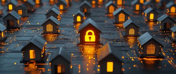 A digital illustration of smart home security, showcasing glowing lock icons on a circuit-themed background
