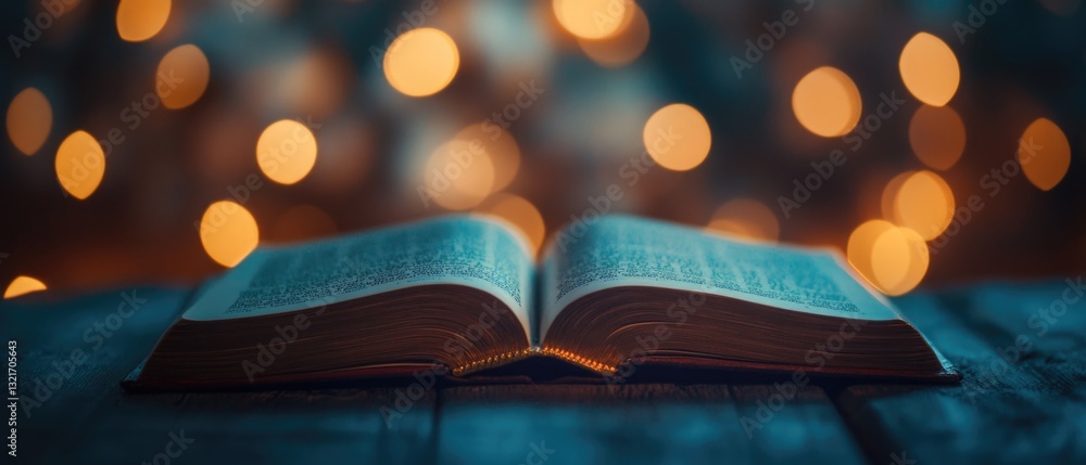 Poster an open book sits on top of a wooden table, ready for reading or study