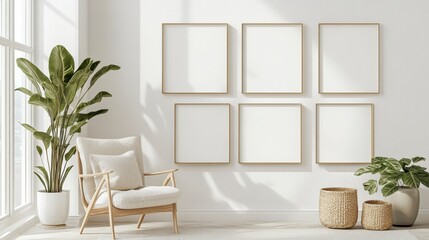 Modern living room interior with empty frames, natural light, and plants. Suitable for home decor mockup