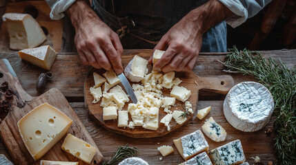 Artisan Cheesemaker Hands Cutting Variety of Gourmet Cheeses on Rustic Wooden Board