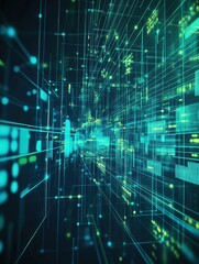 Dynamic data grid with intersecting trend lines representing political and economic analysis in blue and green tones for trust and intelligence
