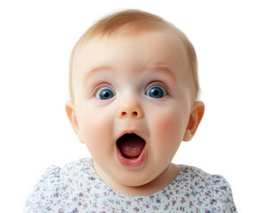 Excited baby with wide eyes and open mouth, expressing joy and surprise. child has light hair and is wearing floral patterned outfit, radiating happiness