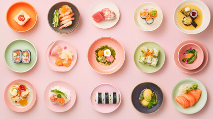 Assorted Colorful Sushi and Japanese Dishes on Pink Background