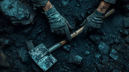 Coal Mining Hands of a Miner with Pickaxe Dark Blue Tones Industrial Work Labor Extraction