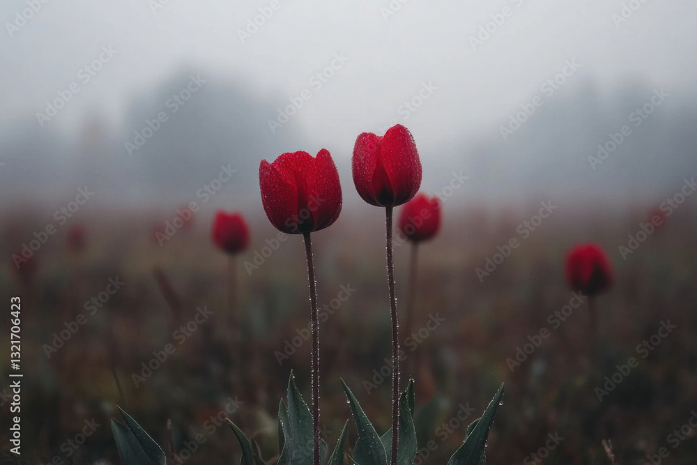 Poster two red tulips are standing in a field of grass
