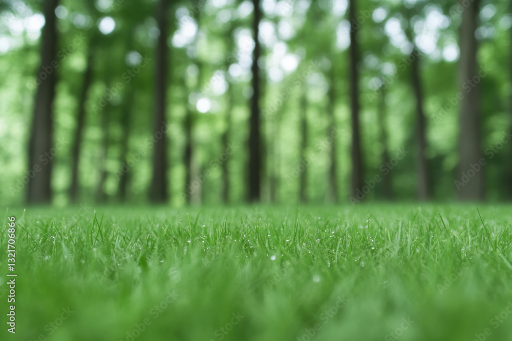 Poster a lush green field with trees in the background