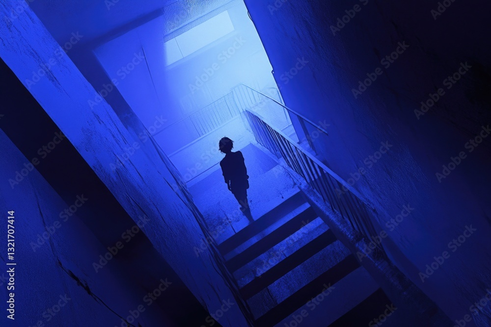 Poster a person standing on a staircase with steps and railing