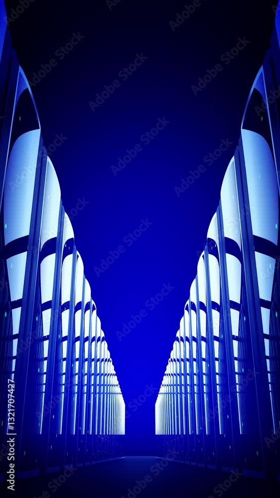 Poster server racks on both sides - storage or hosting concept - 3d 4k vertical animation with blue filter 