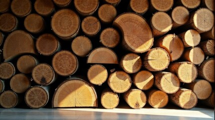 Sunlit Stack of Wooden Logs, a Textured Natural Background Ideal for Rustic Designs and Environmental Themes