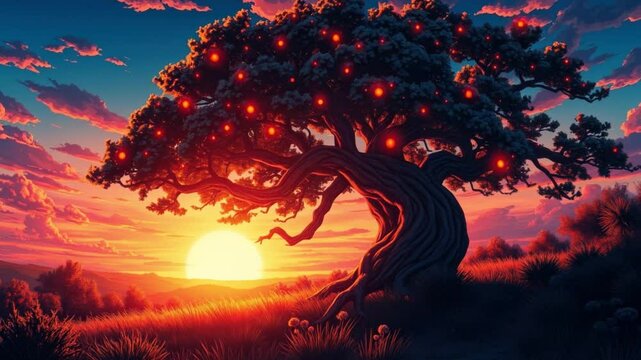 Magic tree with glowing lights for fantasy projects, dark fairy tale entourage and animation of fantasy books