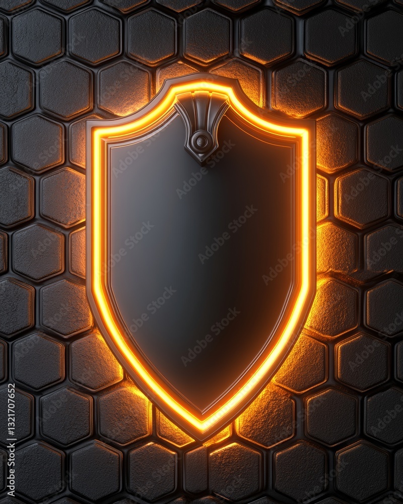 Poster a glowing futuristic shield design set against a hexagonal patterned backdrop