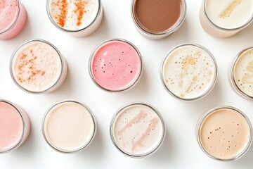 Set with different tasty smoothies on white background, top view. close-up.