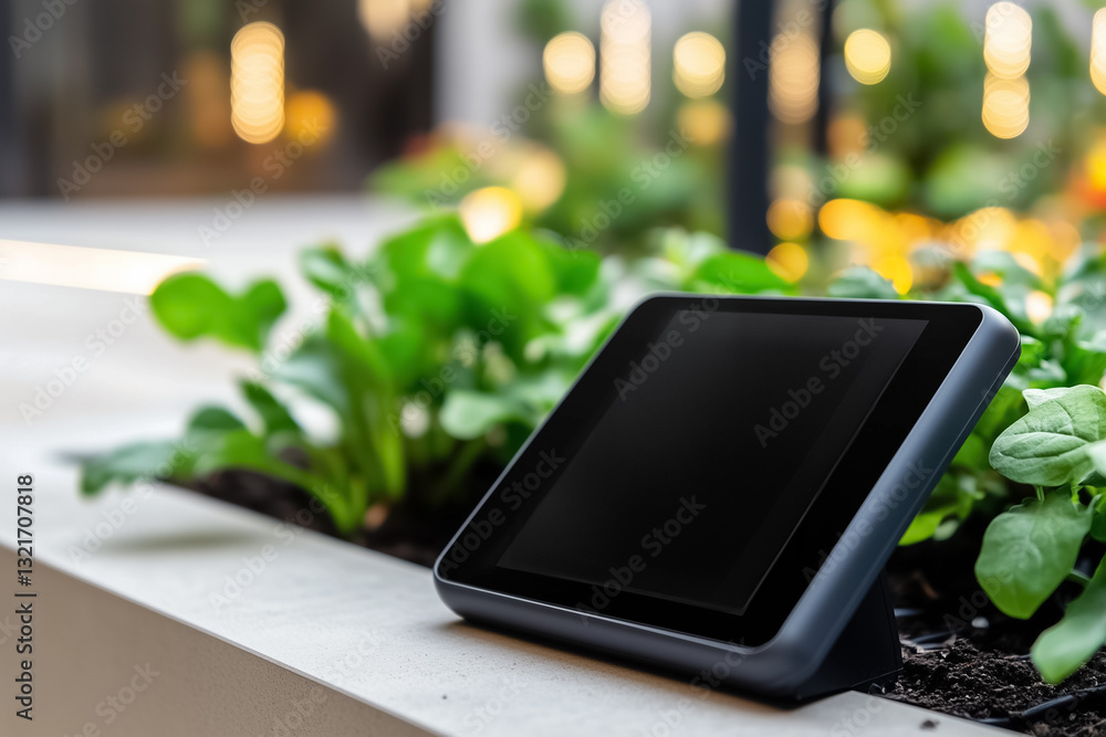 Poster a sleek touchscreen control panel is set against a backdrop of lush greenery, showcasing real-time s