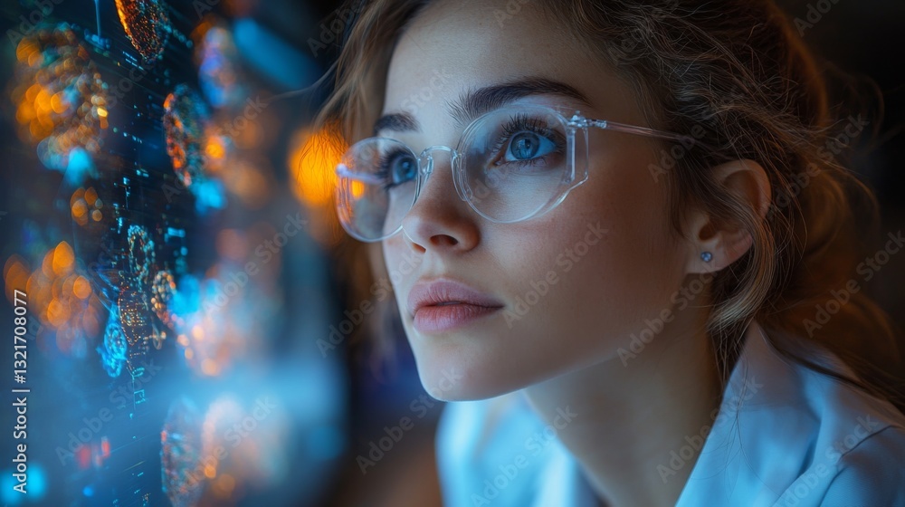 Poster A focused researcher analyzes quantum simulations displaying superposition and entanglement while conducting experiments in a contemporary laboratory brimming with advanced technology.