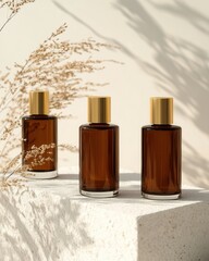 Elegant brown glass cologne bottles with gold caps in a minimal aesthetic with soft natural light