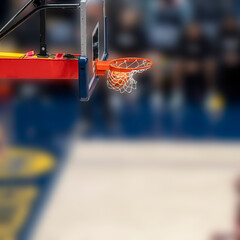 a dynamic basketball moment where the ball is passing through the hoop and net, indicating a successful shot. The hoop and backboard are sharply defined, while the  © dfriend150