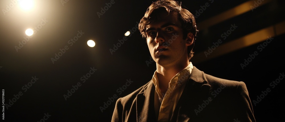 Poster a person in a business attire stands near a spotlight, ready for presentation or performance