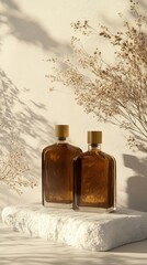 Elegant brown glass cologne bottles with gold caps in a minimal aesthetic with soft natural light
